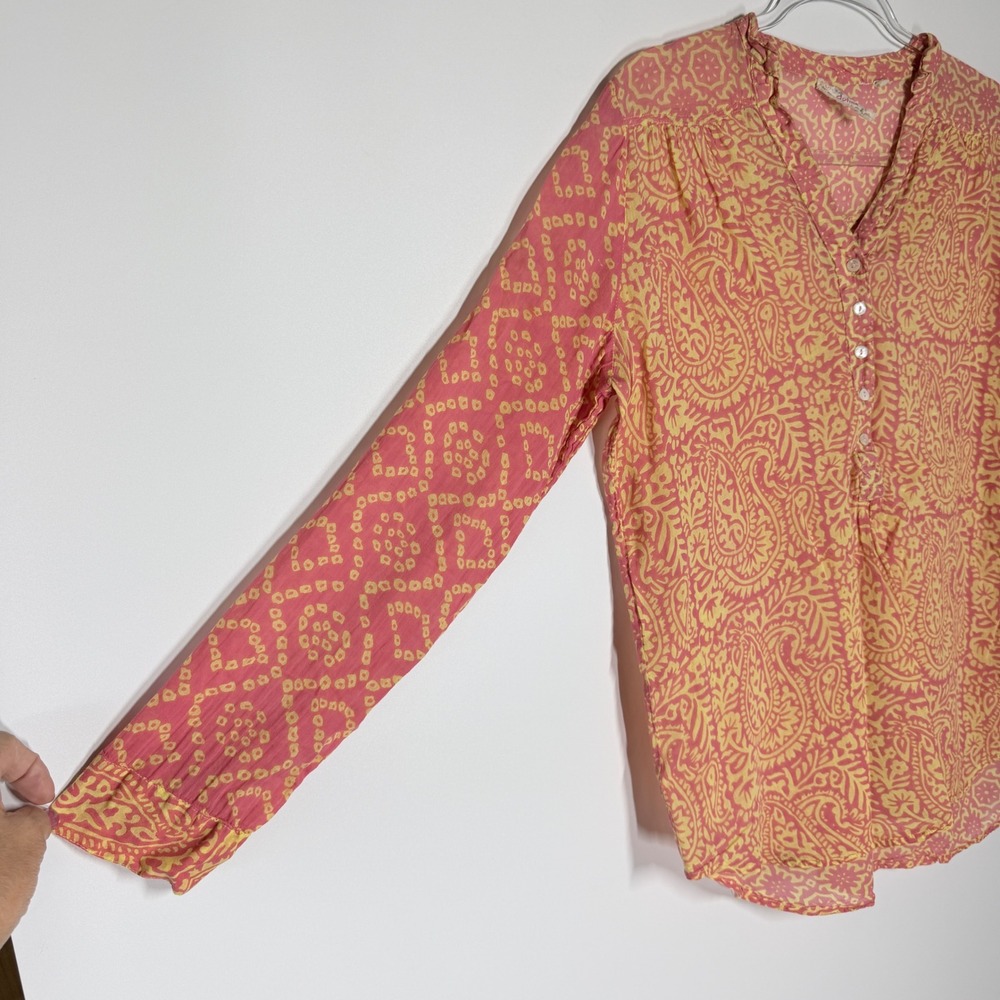 Dolma Womens Pink Yellow Paisley Mixed Print Henley Blouse Boho Small - Picture 5 of 10
